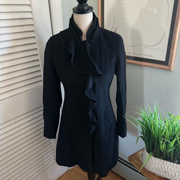 DKNY Womens Coat Wool Ruffle Front Wool Blend Knee Length Winter Whimsigoth | 2P - Picture 2 of 16